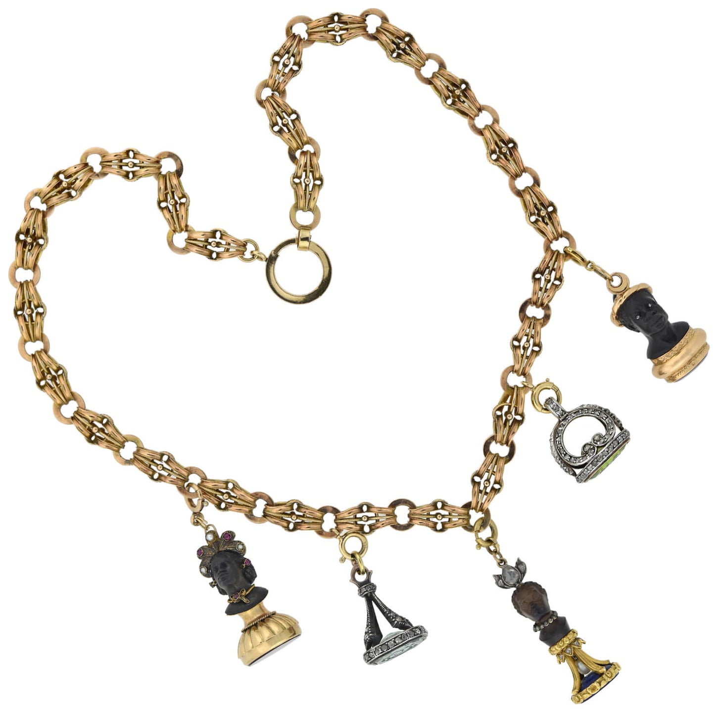 Rare Victorian + Georgian Blackamoor + Multi-Gemstone Fob Compilation Necklace 20.25