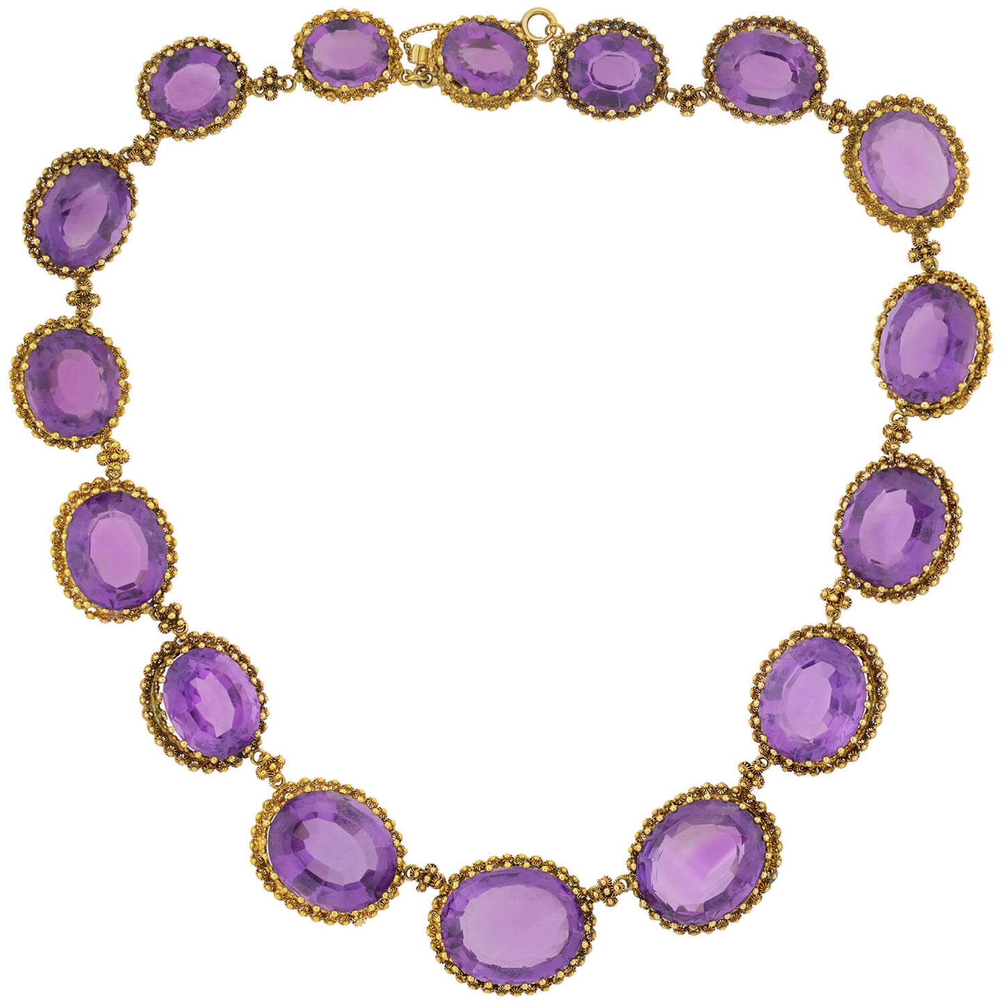 Victorian Large 15kt Faceted Amethyst + Cannetille Wirework Link Necklace 14.5