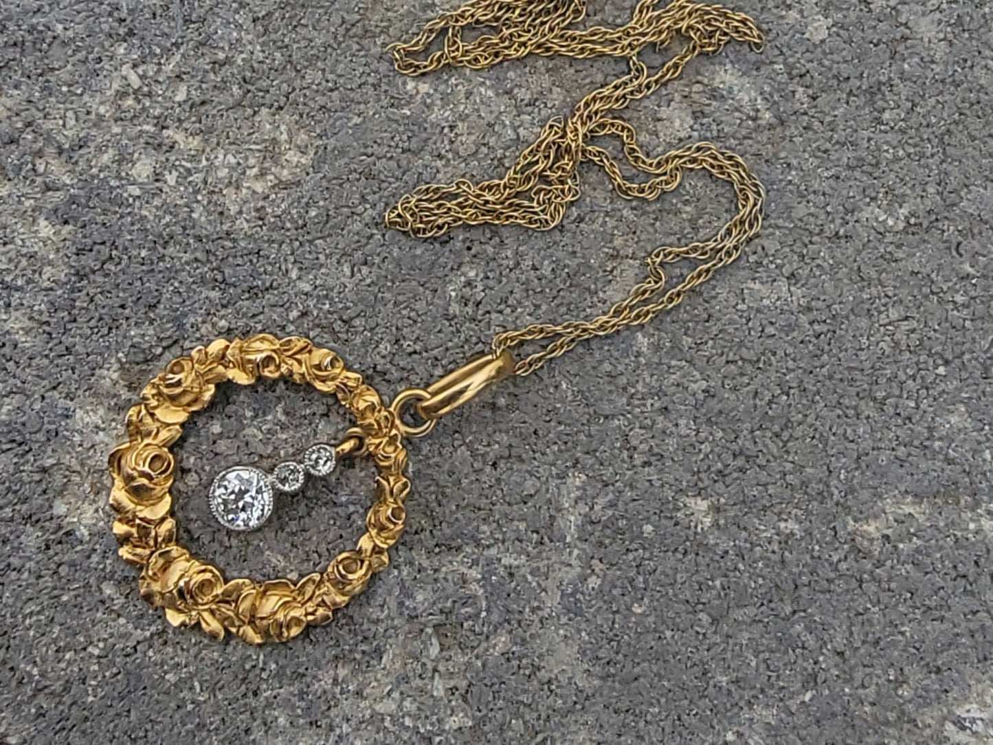 14k gold Edwardian diamond flower rose floral wreath necklace pendant lavaliere