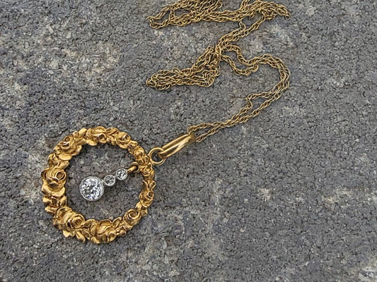 14k gold Edwardian diamond flower rose floral wreath necklace pendant lavaliere