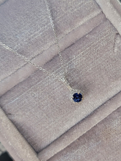 14k gold white gold sapphire & diamond halo necklace pendant