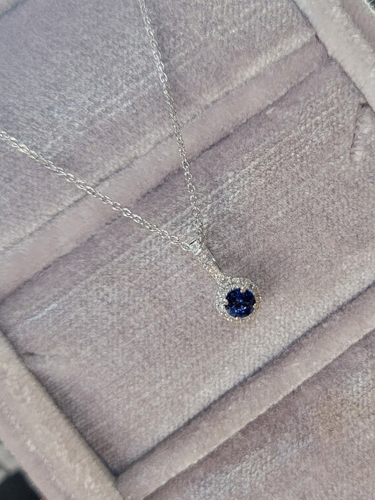 14k gold white gold sapphire & diamond halo necklace pendant