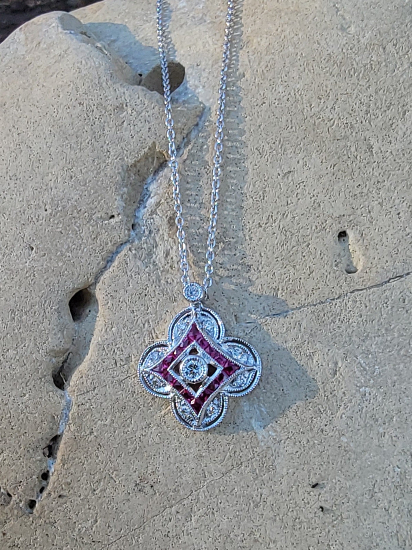 14k gold white gold ruby & diamond DECO style necklace pendant