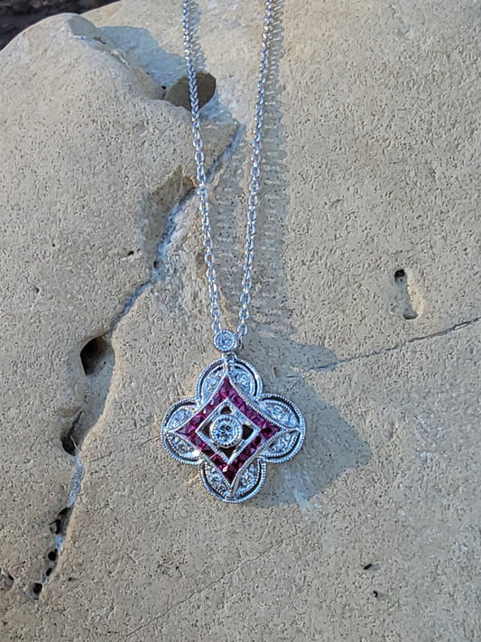 14k gold white gold ruby & diamond DECO style necklace pendant