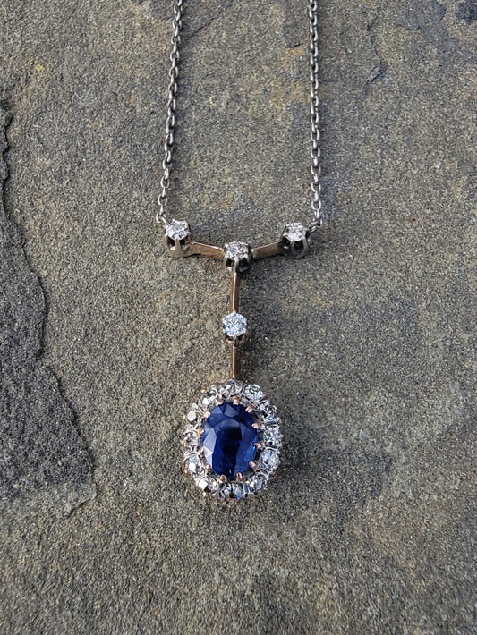Edwardian blue sapphire & diamond halo necklace pendant