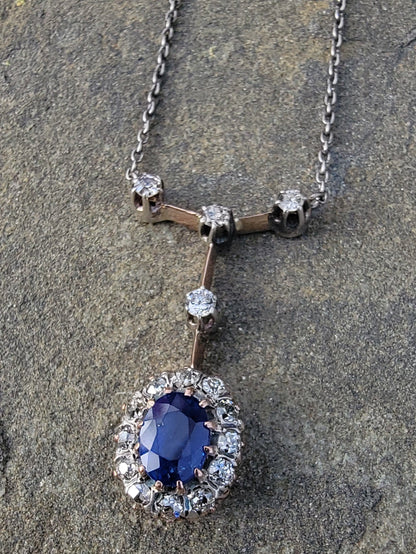 Edwardian blue sapphire & diamond halo necklace pendant