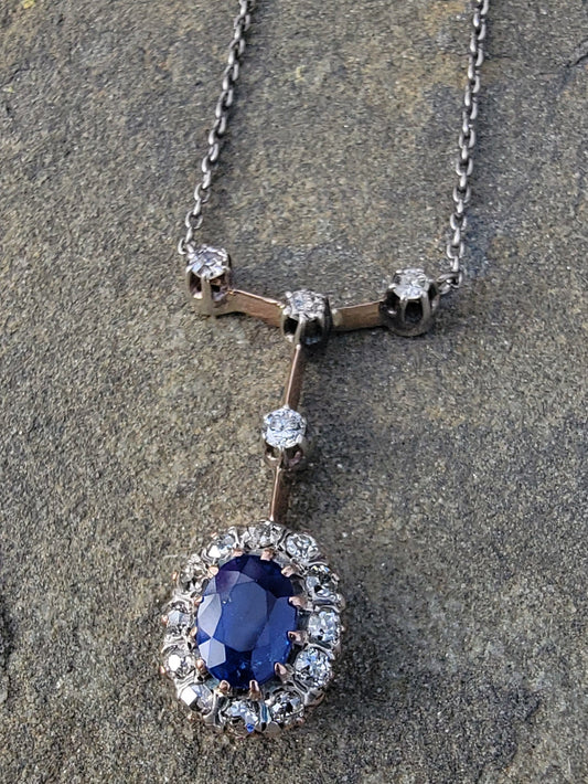 Edwardian blue sapphire & diamond halo necklace pendant
