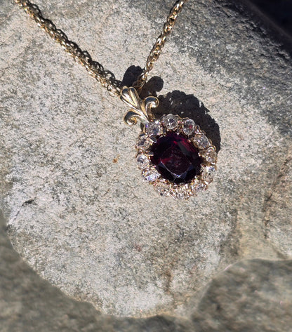 14k gold garnet and mine cut diamond estate halo pendant necklace
