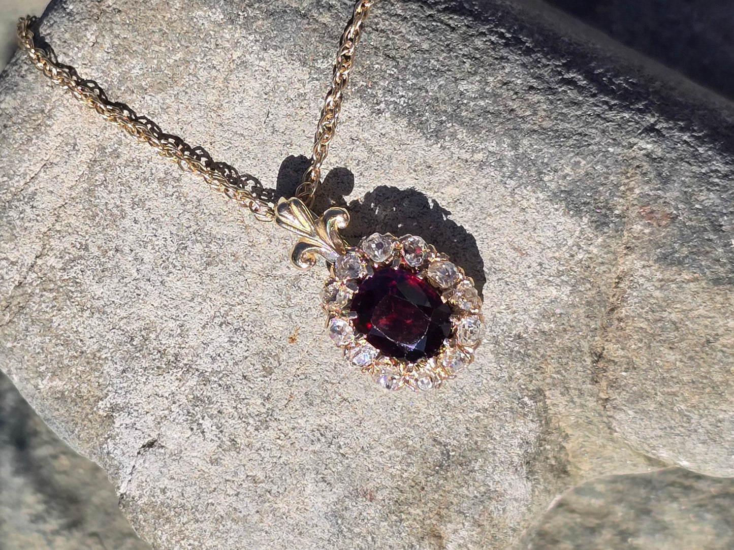 14k gold garnet and mine cut diamond estate halo pendant necklace