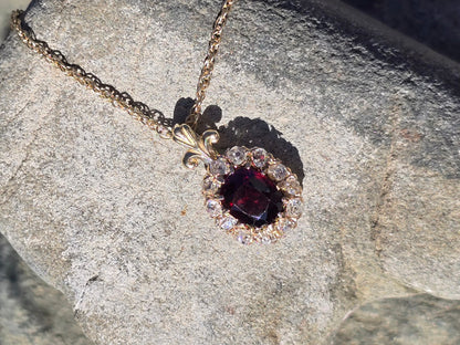 14k gold garnet and mine cut diamond estate halo pendant necklace