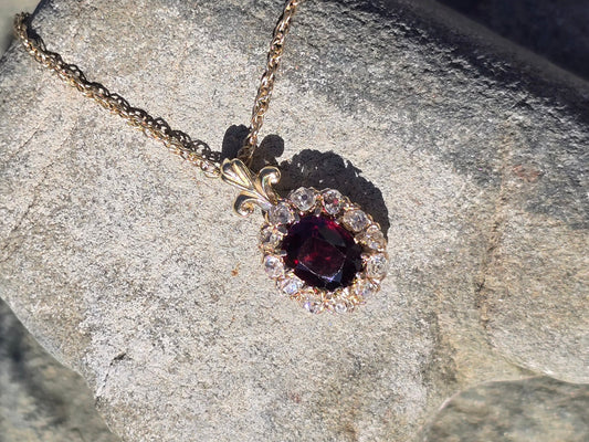 14k gold garnet and mine cut diamond estate halo pendant necklace