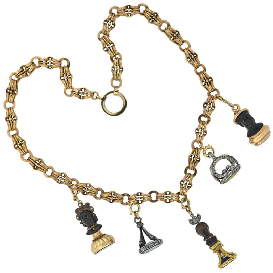 Rare Victorian + Georgian Blackamoor + Multi-Gemstone Fob Compilation Necklace 20.25