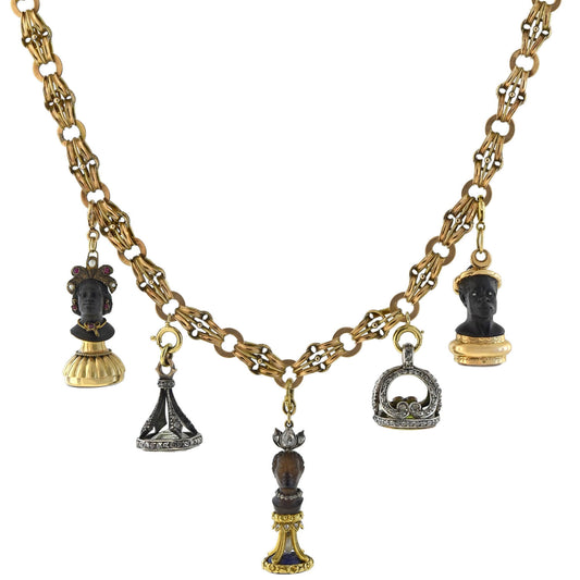 Rare Victorian + Georgian Blackamoor + Multi-Gemstone Fob Compilation Necklace 20.25