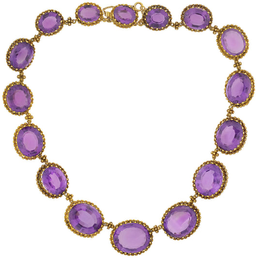 Victorian Large 15kt Faceted Amethyst + Cannetille Wirework Link Necklace 14.5
