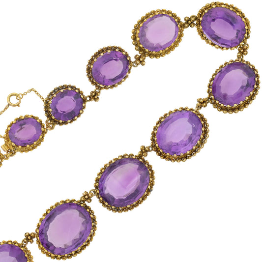 Victorian Large 15kt Faceted Amethyst + Cannetille Wirework Link Necklace 14.5