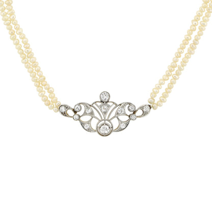 Edwardian 14kt/Platinum Seed Pearl + Diamond Centerpiece Necklace