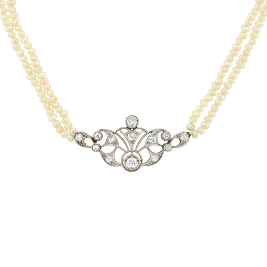 Edwardian 14kt/Platinum Seed Pearl + Diamond Centerpiece Necklace