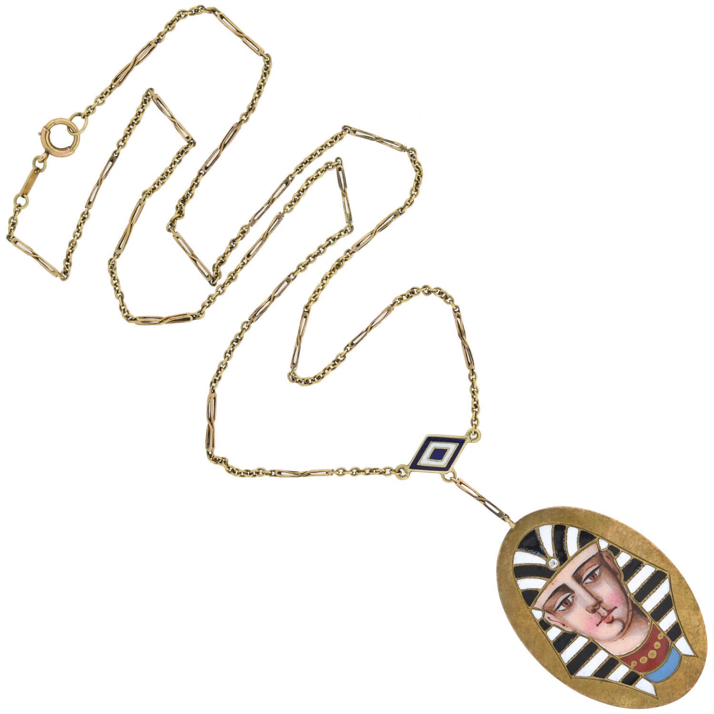 Victorian Egyptian Revival 14kt Enameled Pharaoh Pendant Necklace 18