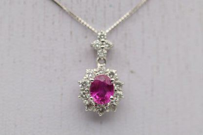 Pink Sapphire Diamond Halo Gold Drop Pendant