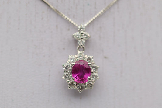 Pink Sapphire Diamond Halo Gold Drop Pendant