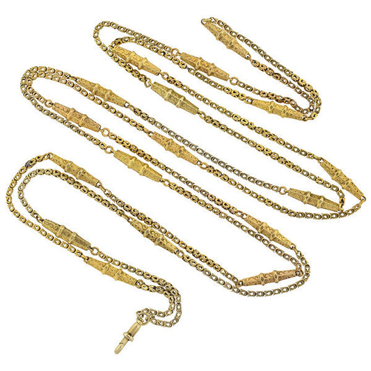 Victorian Long 10kt Textured Gold Link Chain Necklace 54