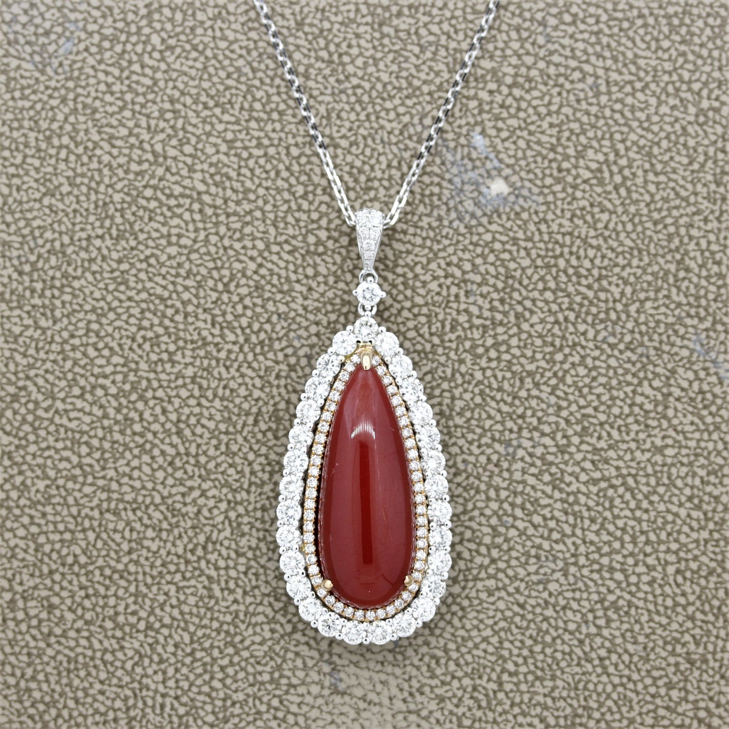 Red Coral Diamond Double-Halo Gold Drop Pendant