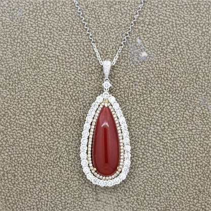 Red Coral Diamond Double-Halo Gold Drop Pendant