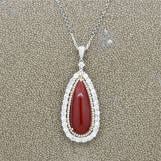 Red Coral Diamond Double-Halo Gold Drop Pendant