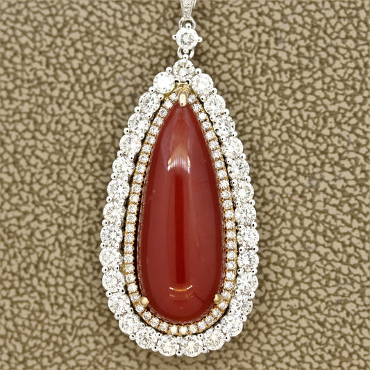 Red Coral Diamond Double-Halo Gold Drop Pendant