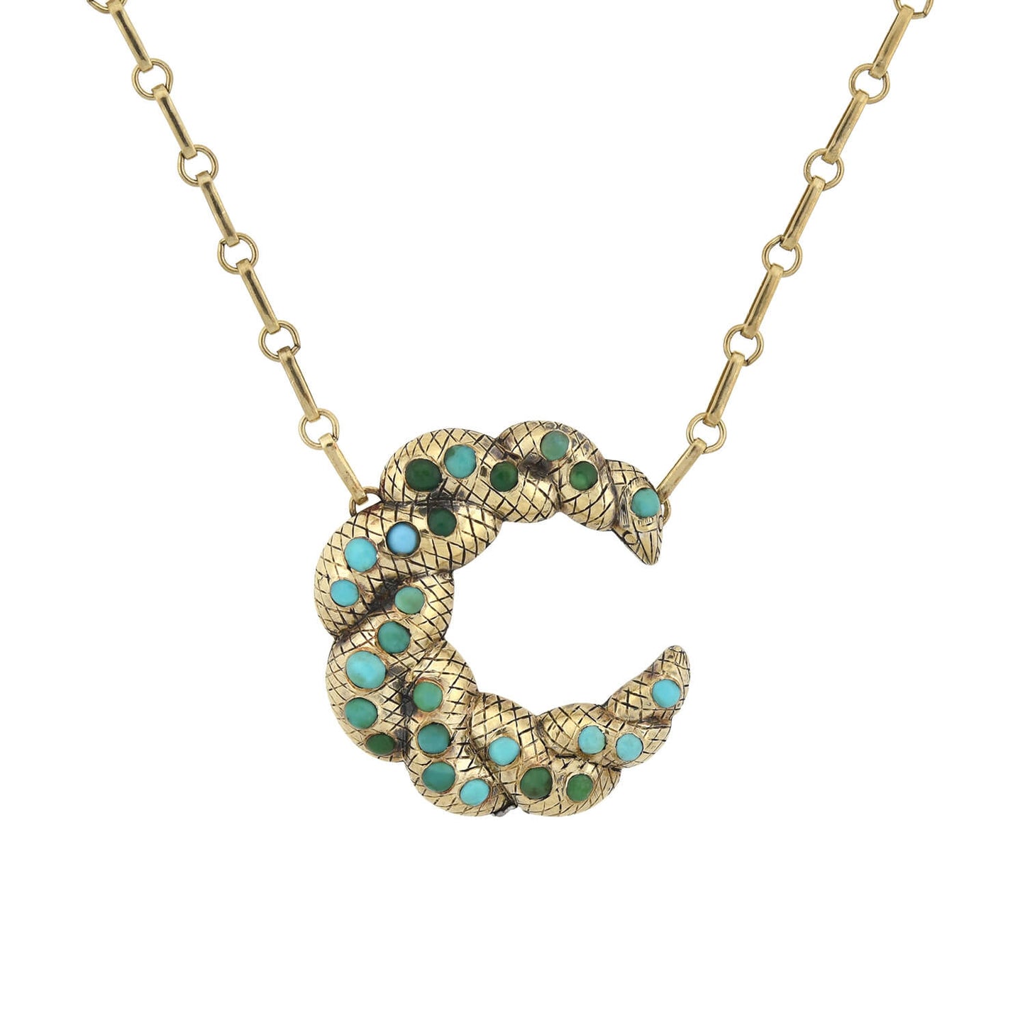 Victorian Sterling Gilt Turquoise Crescent Pendant Necklace 16