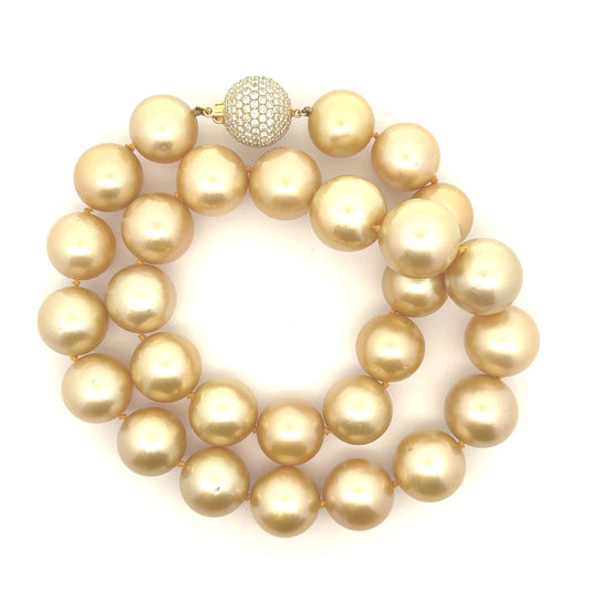 Stunning 15-17mm Golden South Sea Pearl Diamond Pave 18k Yellow Gold Necklace