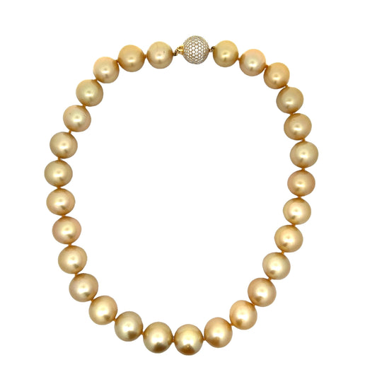 Stunning 15-17mm Golden South Sea Pearl Diamond Pave 18k Yellow Gold Necklace