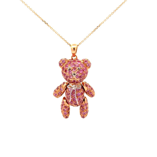 Pink Sapphire 18k Yellow Gold Teddy-Bear Pendant Chain