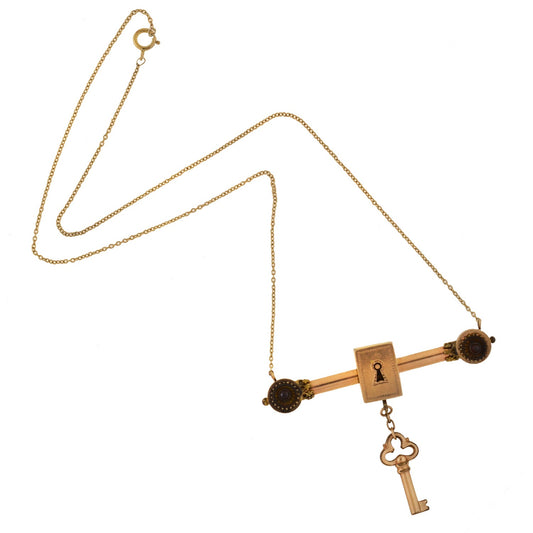 Victorian Gold-Filled Garnet Padlock + Key Necklace 16