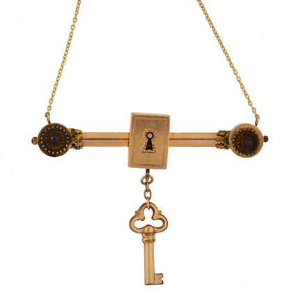 Victorian Gold-Filled Garnet Padlock + Key Necklace 16