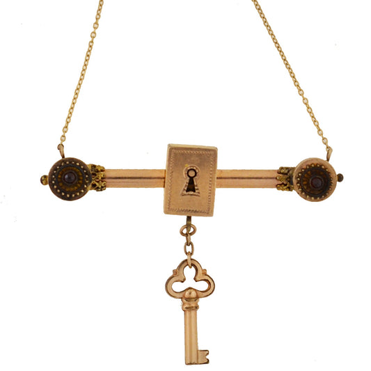 Victorian Gold-Filled Garnet Padlock + Key Necklace 16
