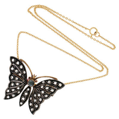 Victorian Sterling Silver & 14k Diamond Butterfly Pendant