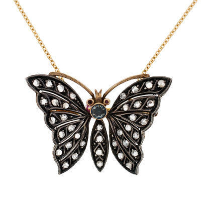 Victorian Sterling Silver & 14k Diamond Butterfly Pendant